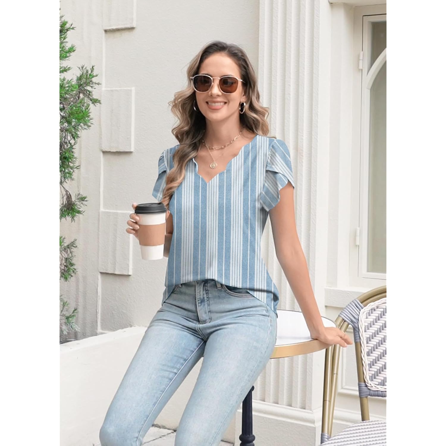 Women's Petal Sleeve V-Neck Tunic Top Striped Blue