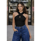 MOHHOM Women's Halter Neck Crossover Sleeveless Ribbed Knit Tank Top Slim Fit Casual Summer Basic Top