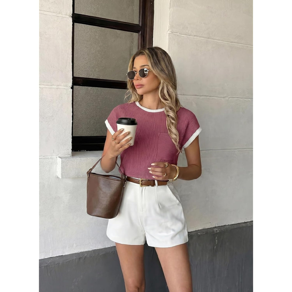 EVALESS Women's Short Sleeve T Shirts Crewneck Color Block Ribbed Knit Tee Blouses 2026 Trendy Summer Tops