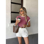 EVALESS Women's Short Sleeve T Shirts Crewneck Color Block Ribbed Knit Tee Blouses 2026 Trendy Summer Tops