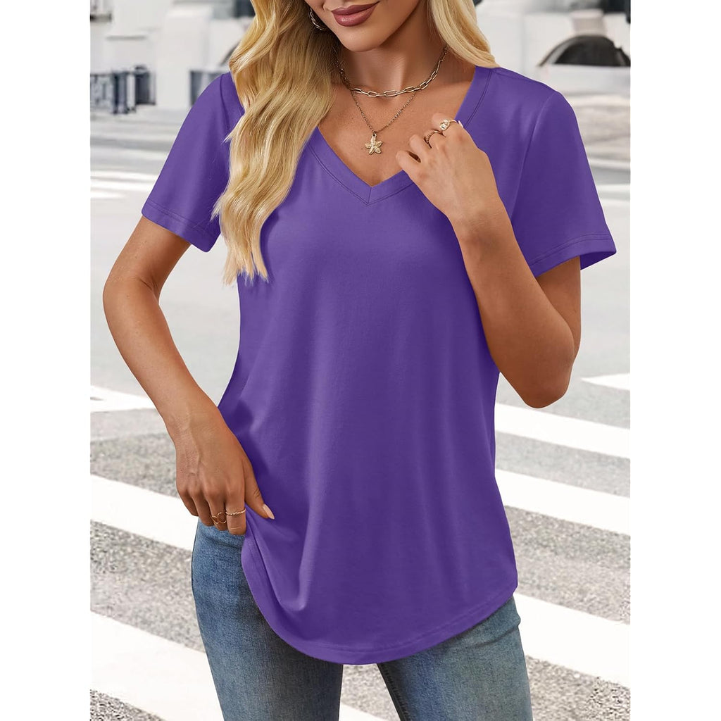 ATHMILE Womens V Neck Short Sleeve Summer T Shirts Curved Hem Plain Top Beach