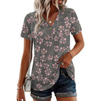 Women's Button-Up Henley Tunic Top Black Gypsophila Floral