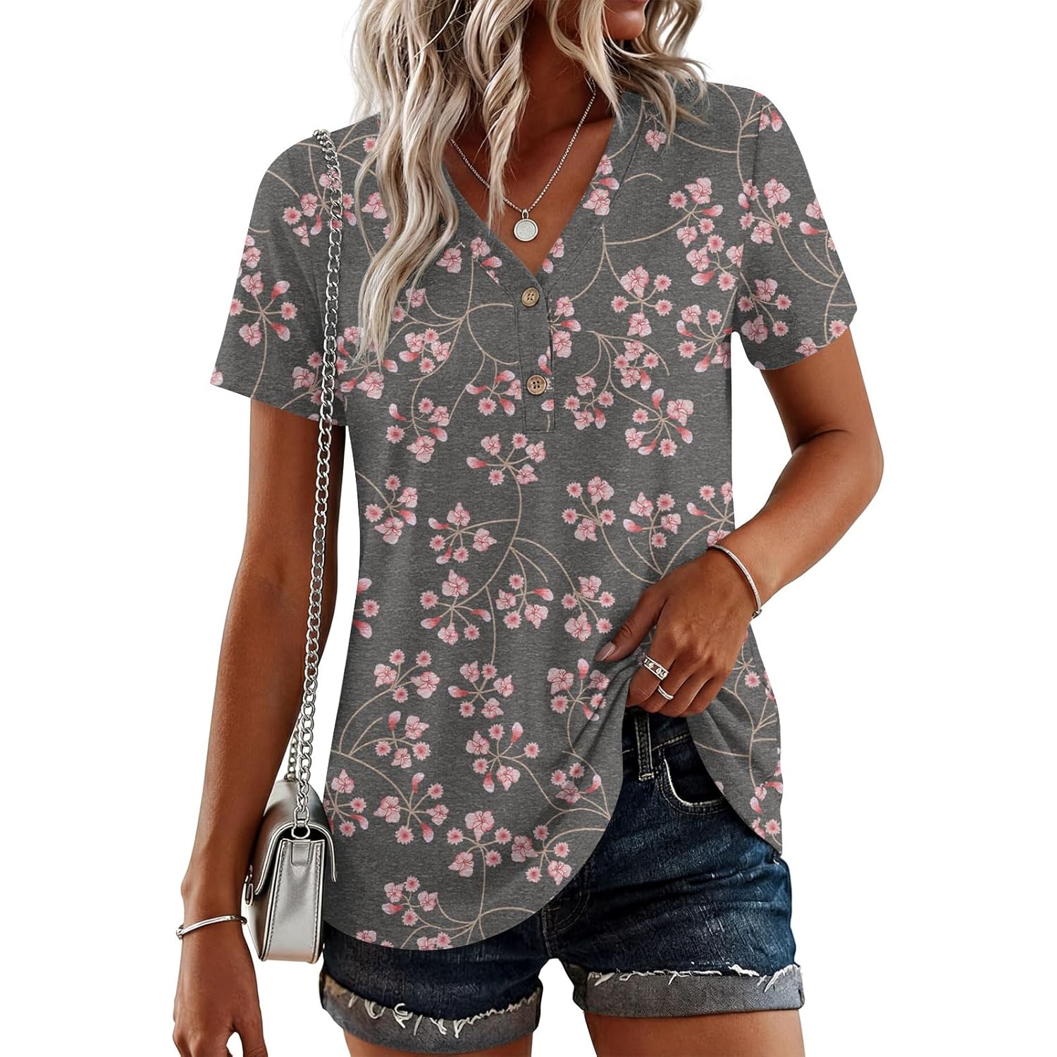 Women's Button-Up Henley Tunic Top Black Gypsophila Floral