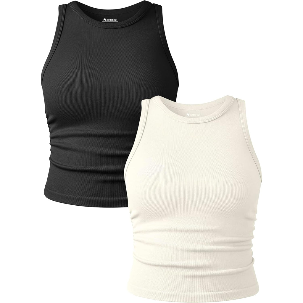 Women's Crew Neck Crop Tank Top Black/Beige