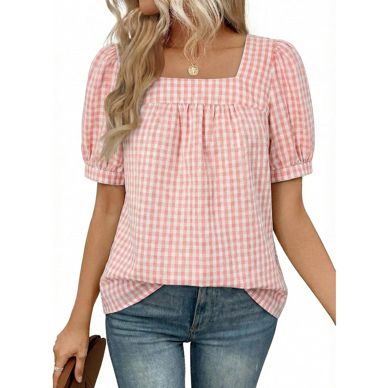 Women's Square Neck Gingham Tunic Top Pink