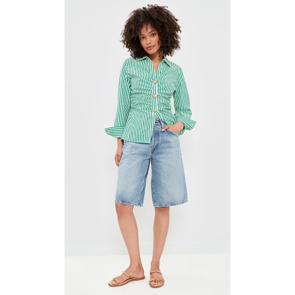 Women's Carayln Top  Button Down Shirt Emerald Stripe