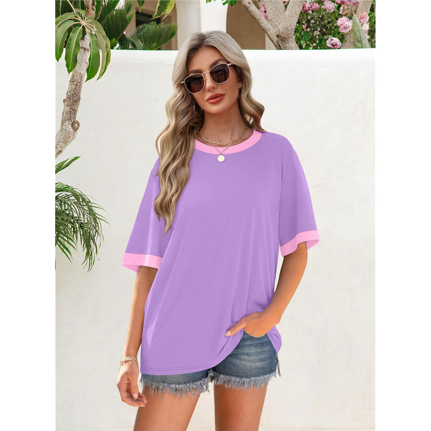 OFEEFAN Summer Tops for Women 2026 Short Sleeve Shirts Dressy Casual Crew Neck Tshirts Fashion