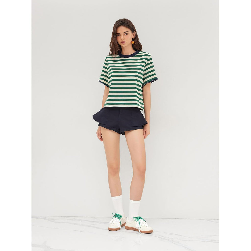 CIDER Women Stripe Crop Boxy Top Oversized Summer Crew Neck T-Shirt Cotton-Blend Short Sleeve Tee