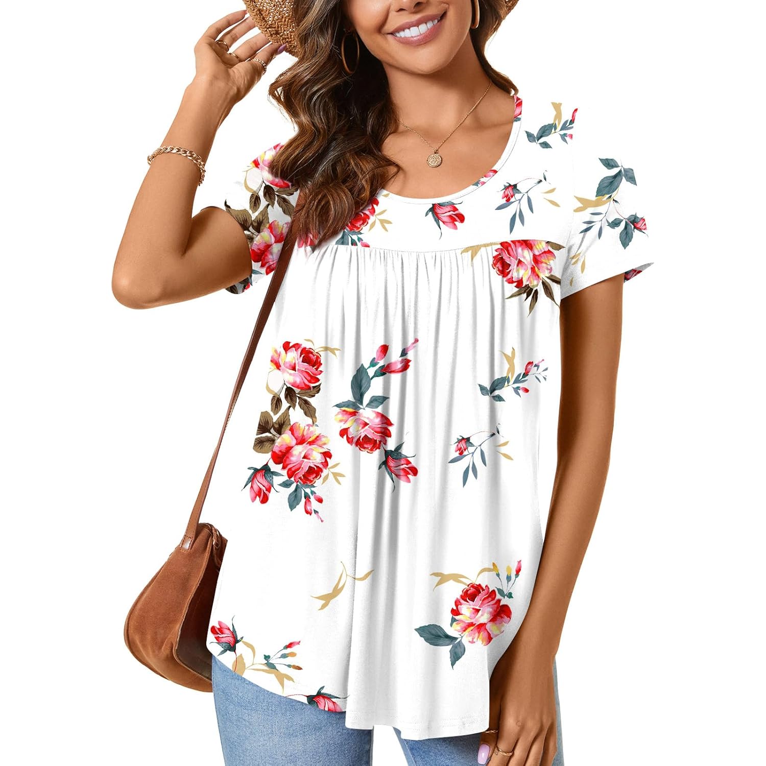 Women's Loose Fit Casual Tunic Top White Floral