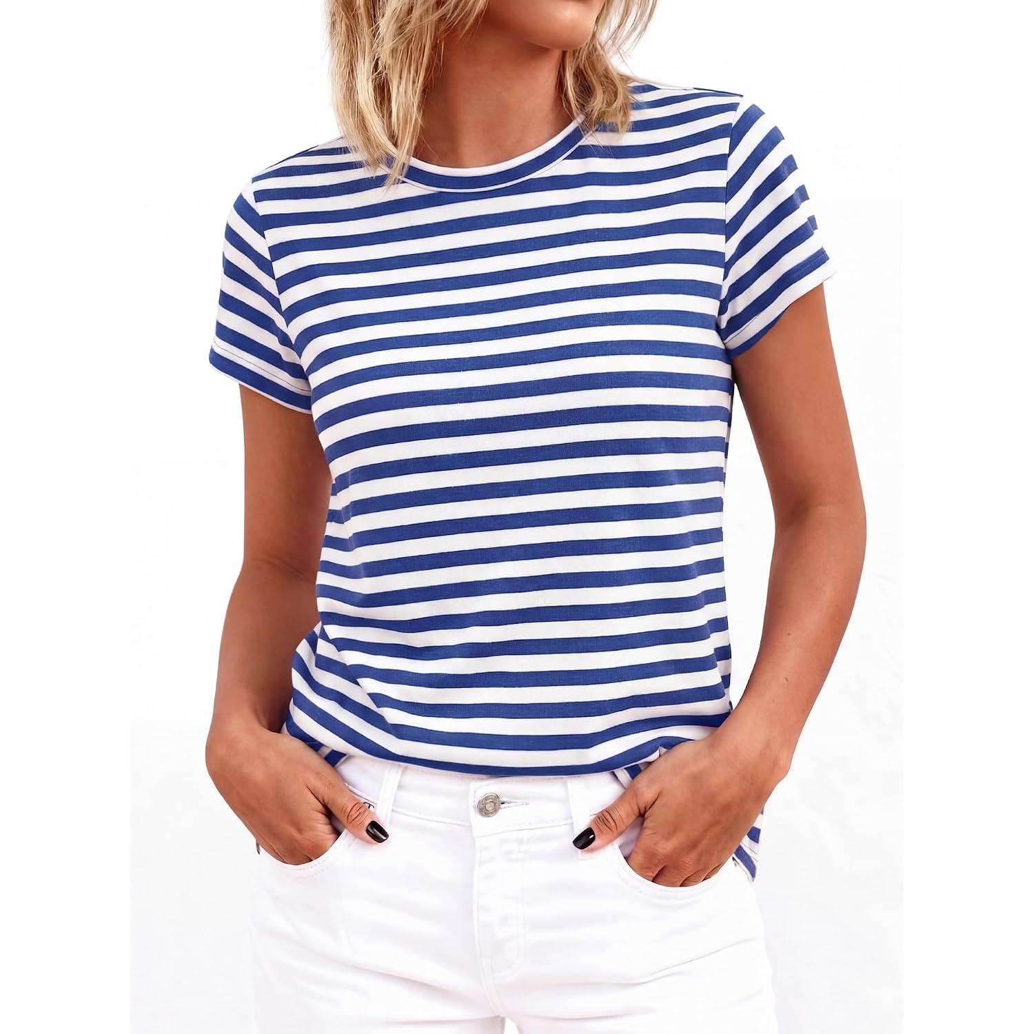 BTFBM Tops for Women Trendy Summer 2026 Crew Neck Short Sleeve T Shirts Striped Casual Vacation Blouse Basic Tee