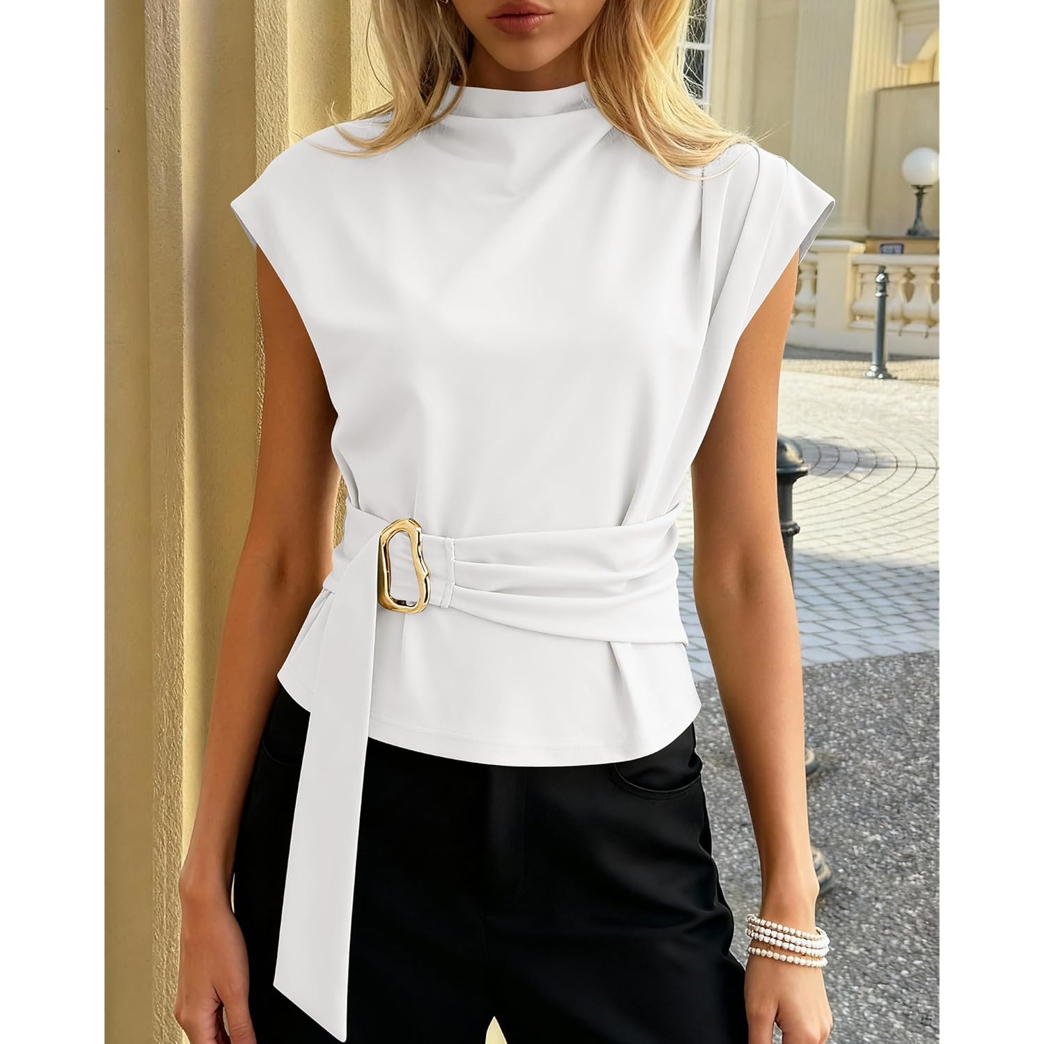 Women's Mock Neck Buckle Tunic Top White