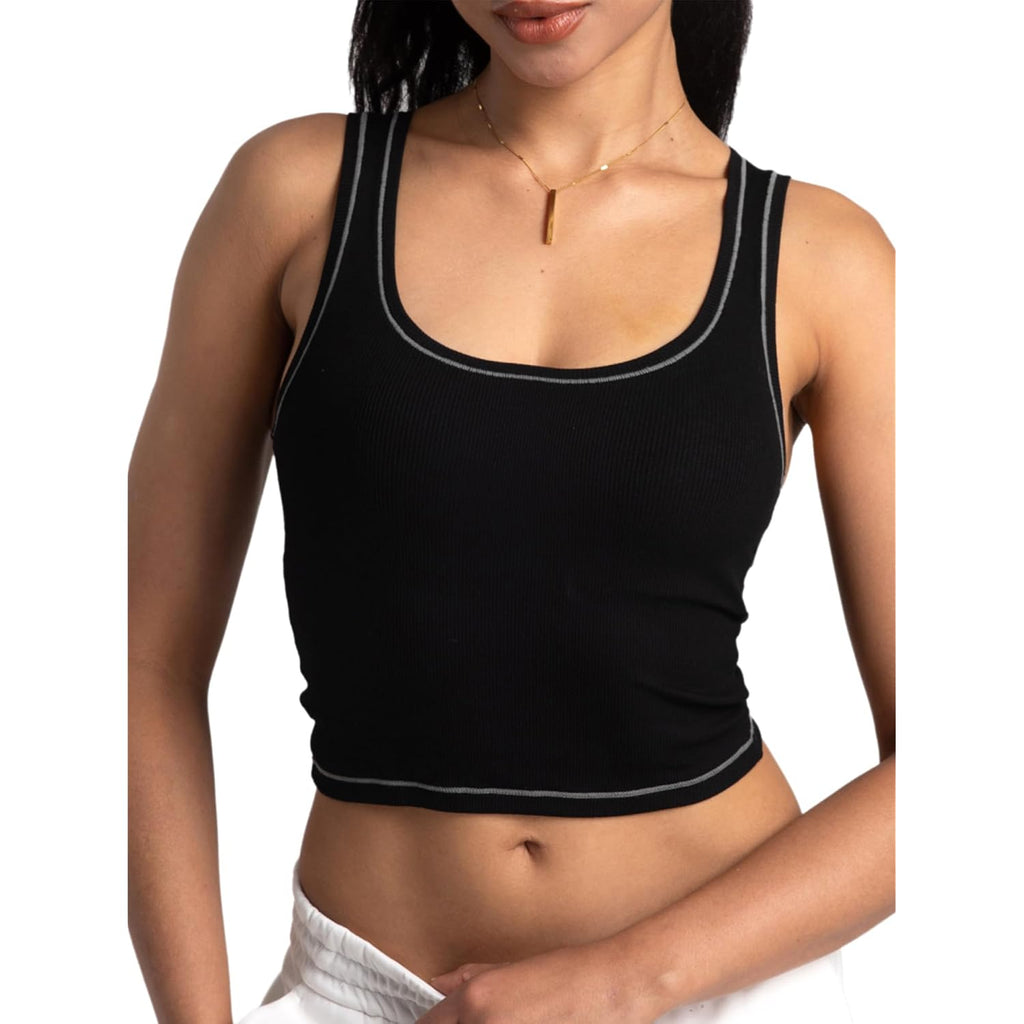 Danysu Women Rib Tank Top Padded Workout Top Square Neck Crop Tank Fitted Basic Cami Tops