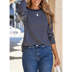Dokotoo Women's 2026 Fall Summer Casual Long Sleeve Tops Lightweight Crew Neck Knit Basic Striped T Shirts