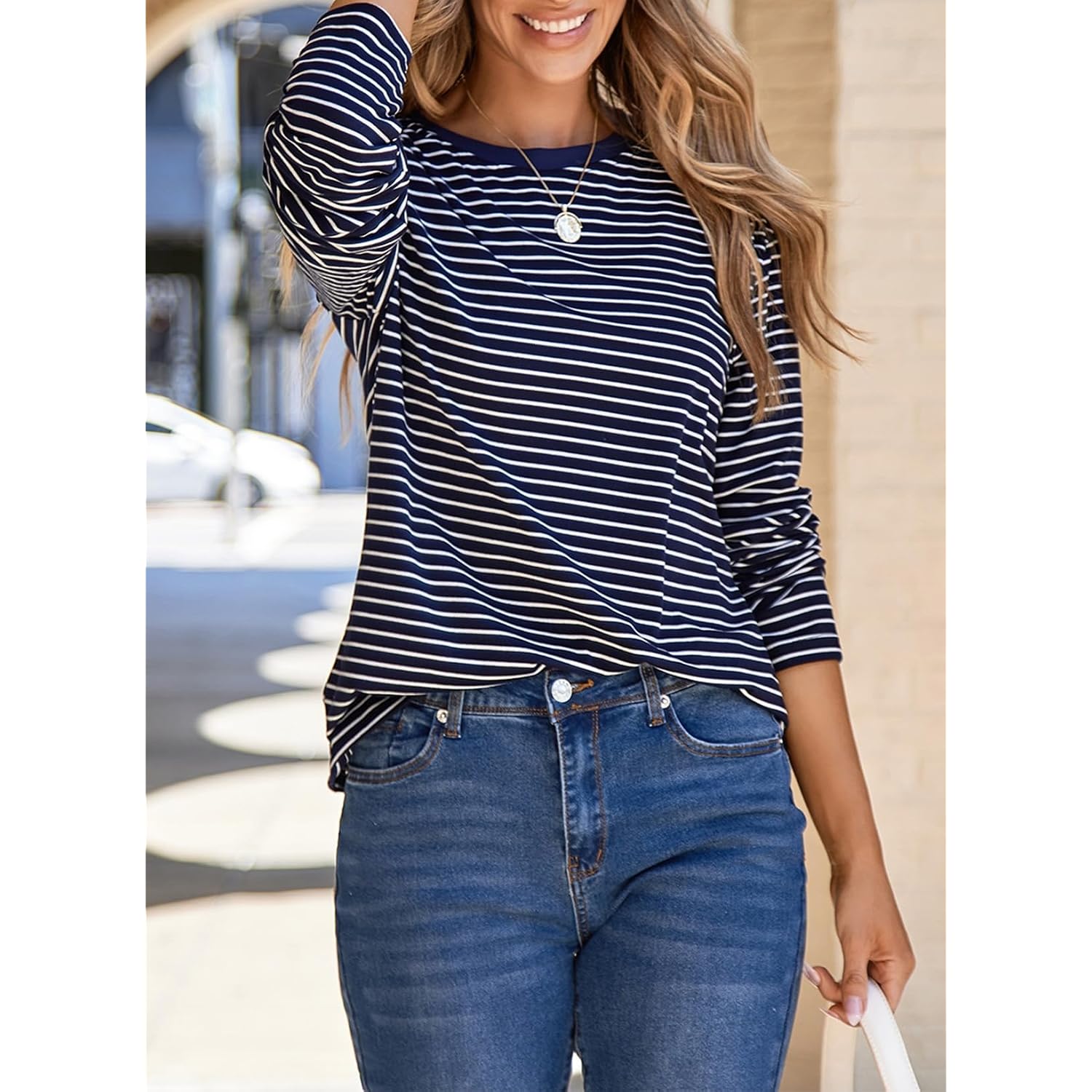 Dokotoo Women's 2026 Fall Summer Casual Long Sleeve Tops Lightweight Crew Neck Knit Basic Striped T Shirts
