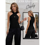 MOHHOM Women's Halter Neck Crossover Sleeveless Ribbed Knit Tank Top Slim Fit Casual Summer Basic Top
