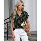 Women's Lapel V-Neck Tunic Top Leaf Green