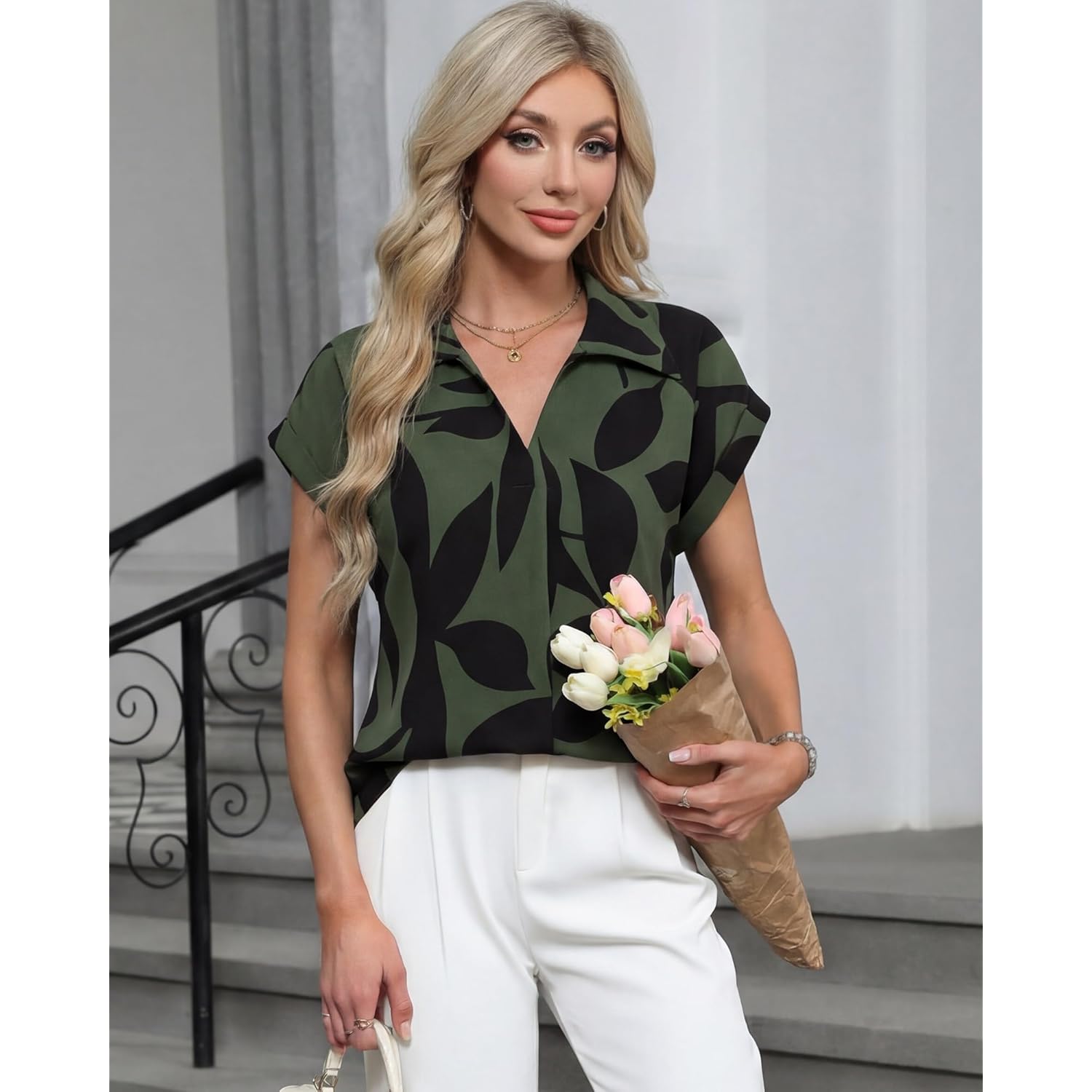 Women's Lapel V-Neck Tunic Top Leaf Green