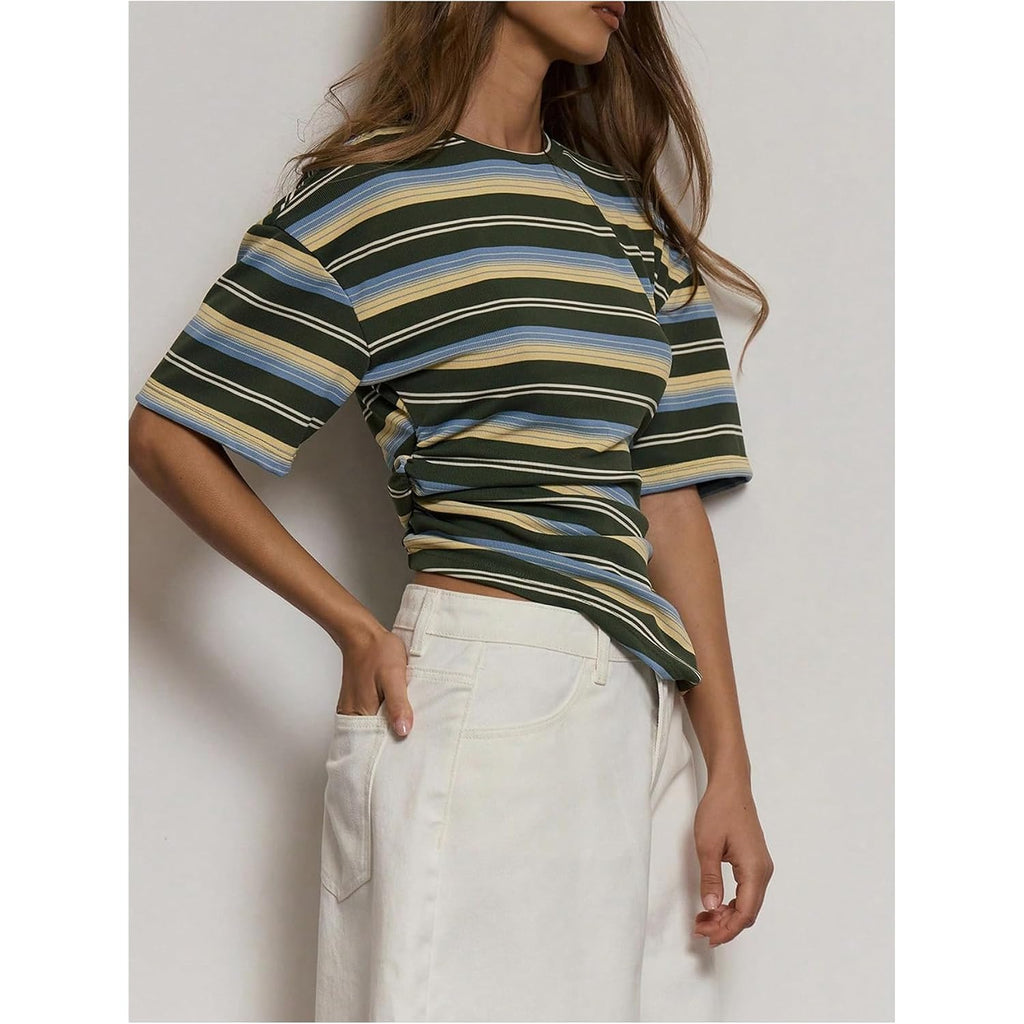 SOLY HUX Women's Striped T Shirt Short Sleeve Split Asymmetrical Hem Tee Casual Summer Tops