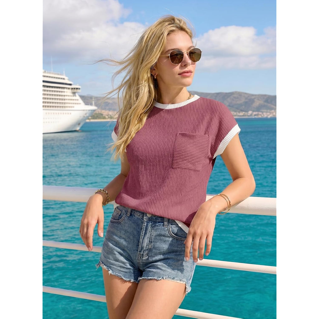 EVALESS Women's Short Sleeve T Shirts Crewneck Color Block Ribbed Knit Tee Blouses 2026 Trendy Summer Tops