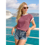 EVALESS Women's Short Sleeve T Shirts Crewneck Color Block Ribbed Knit Tee Blouses 2026 Trendy Summer Tops