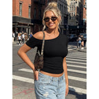 Trendy Queen Womens Off The Shoulder Short Sleeve Y2k Tops Going Out Crop T-Shirts 2026 Cute Summer Clothes