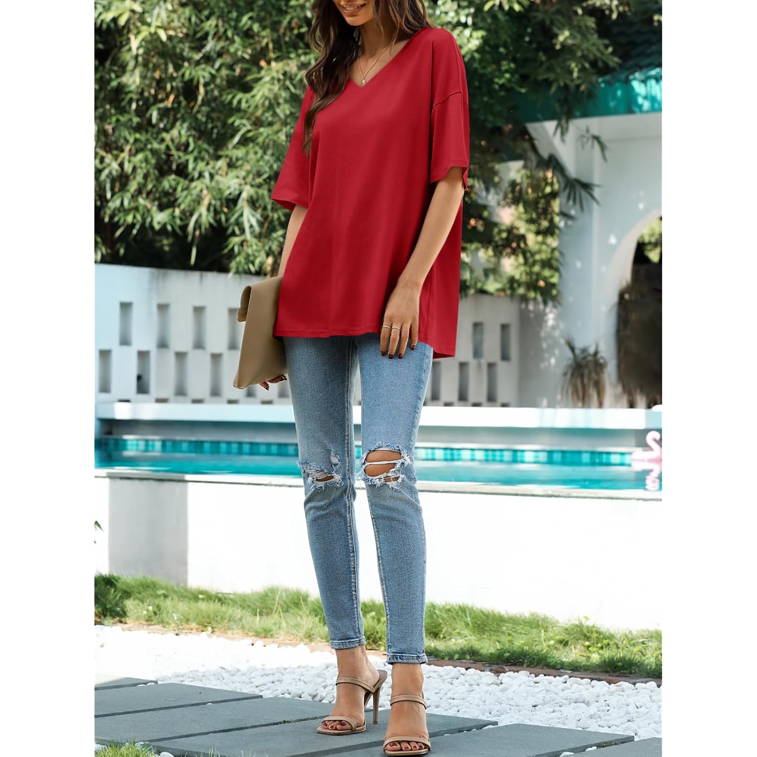 Women's Oversized V-Neck Tunic Top Red