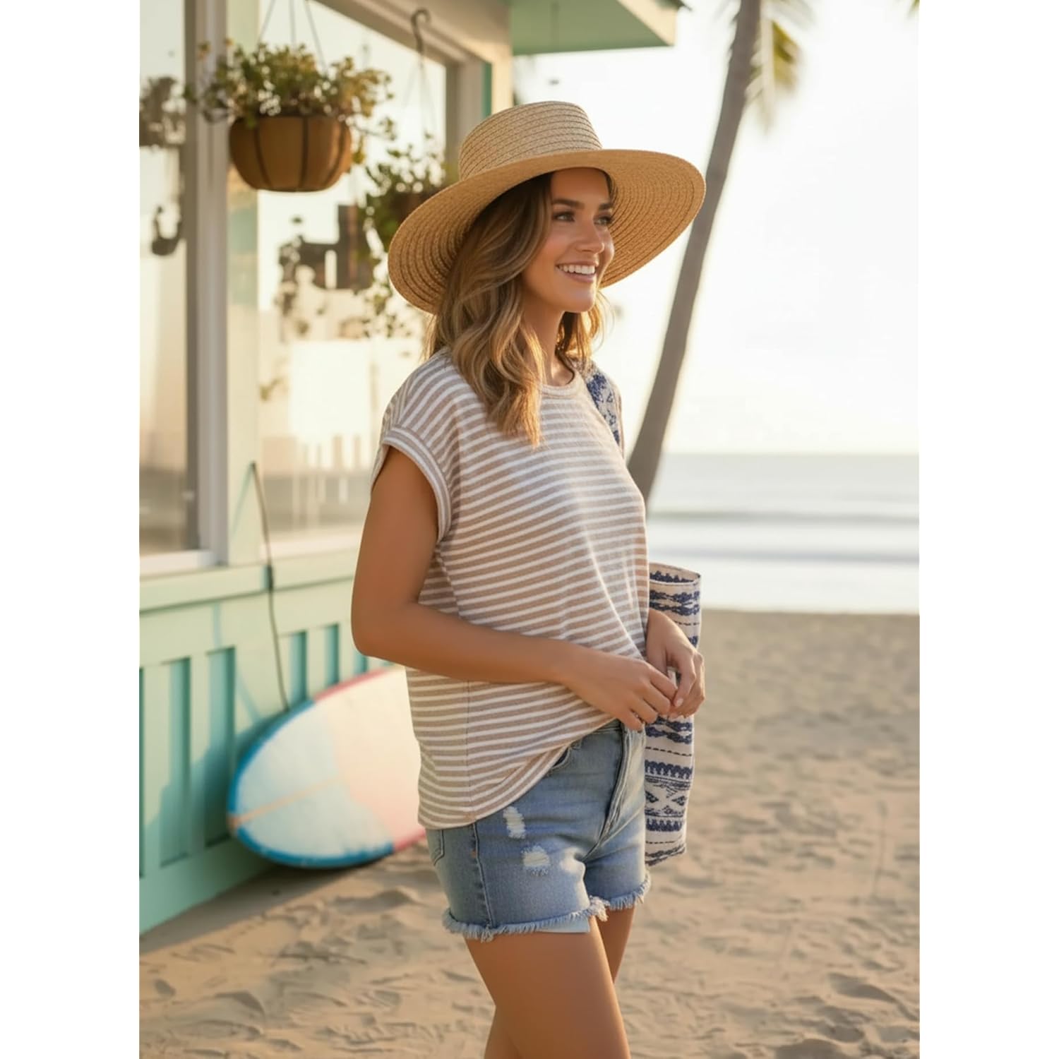 Women's Waffle Knit Tunic Top Stripe Khaki