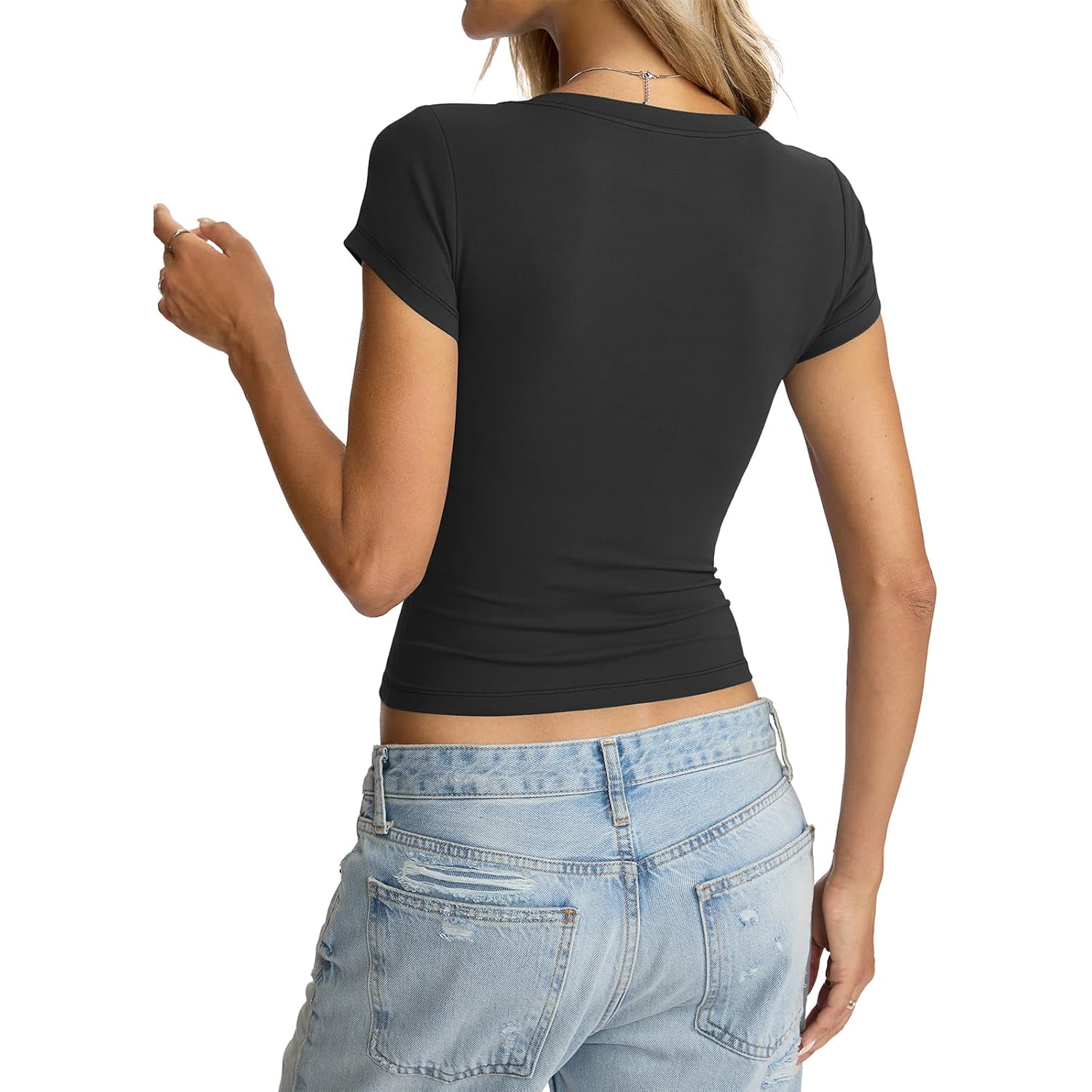 EasyGala Womens Deep V Neck Short Sleeve Shirts Sexy Slim Fit Crop Tops Basic Tees Going Out Summer Outfits