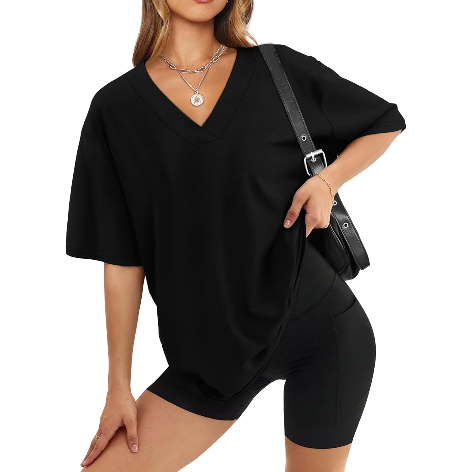 WIHOLL Oversized Tshirts for Women 2026 Summer Tops Short Sleeve V Neck Shirts Basic Tee