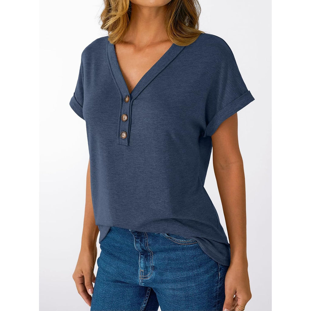 AUTOMET Short Sleeve V Neck T Shirts Womens Summer Business Casual Dressy Tops 2026 Henley Loose Fit Basic Spring Outfit
