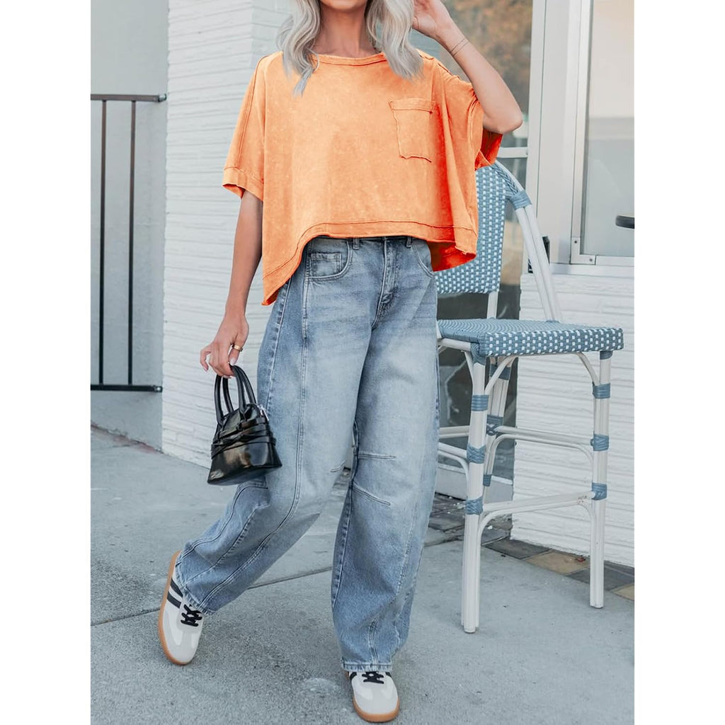 Cicy Bell Womens Summer Cropped T-Shirts Boxy Casual Short Sleeve Crew Neck Tops Acid Wash Cotton Loose Fit Tee Shirts