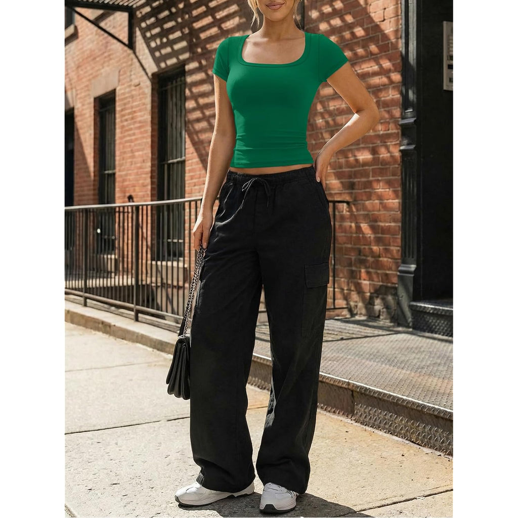 Trendy Queen Womens Short Sleeve Square Neck Basic T Shirts Slim Fit Crop Y2k Tee