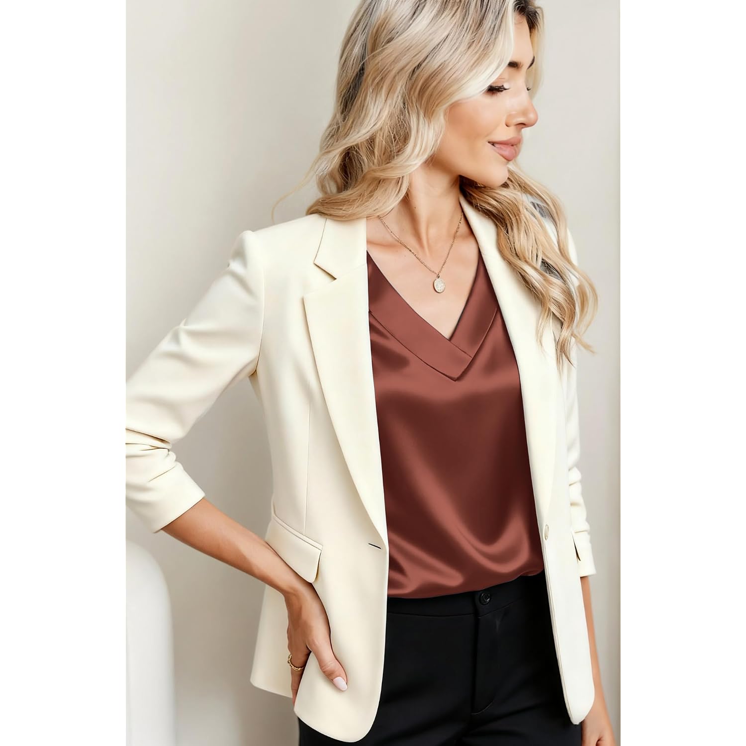 Zeagoo Women Silk Satin Tops Cap Short Sleeve Blouse V Neck Shirts Business Casual Outfits S-2XL