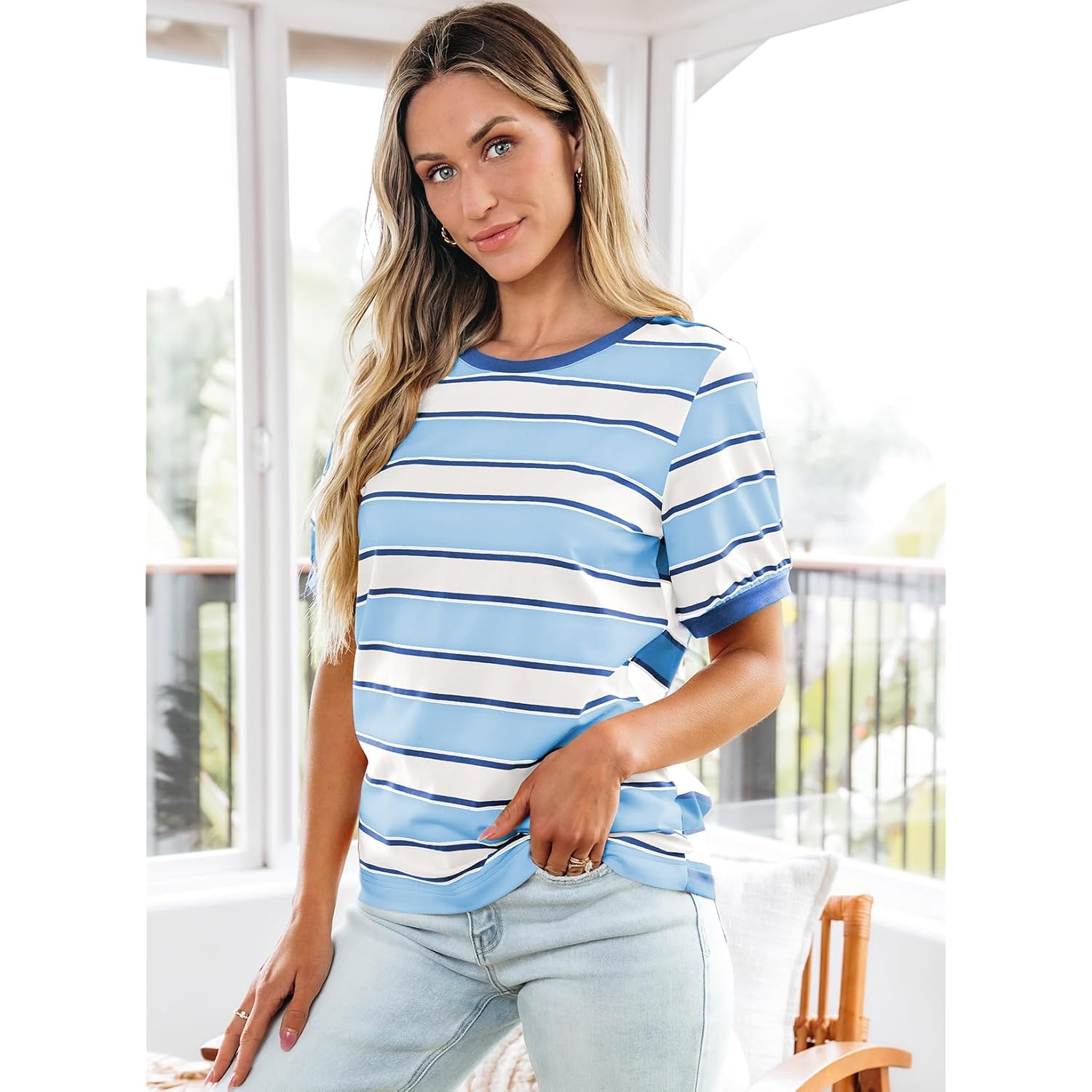 Dokotoo Womens Summer Tops 2026 Striped Color Block Short Sleeve Fashion T-Shirts Crewneck Casual Loose Basic Tee Blouses
