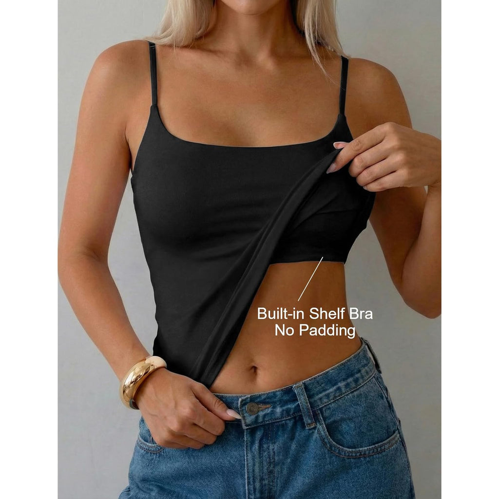 Women's Shelf Bra Square Neck Tank Top Black