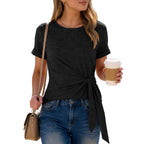 ANRABESS Womens Tops Summer Short Sleeve Crewneck Tie Waist Shirts Dressy Casual Blouse Tee 2026 Business Work Trendy Clothes