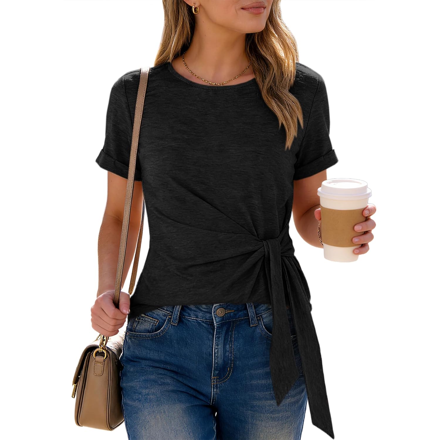 ANRABESS Womens Tops Summer Short Sleeve Crewneck Tie Waist Shirts Dressy Casual Blouse Tee 2026 Business Work Trendy Clothes