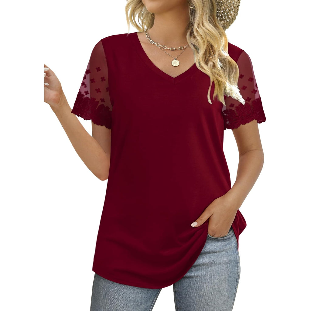 OFEEFAN Casual V Neck T Shirts for Women Lace Short Sleeve Curved Hem Tops Loose Fit