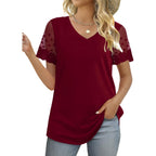 OFEEFAN Casual V Neck T Shirts for Women Lace Short Sleeve Curved Hem Tops Loose Fit