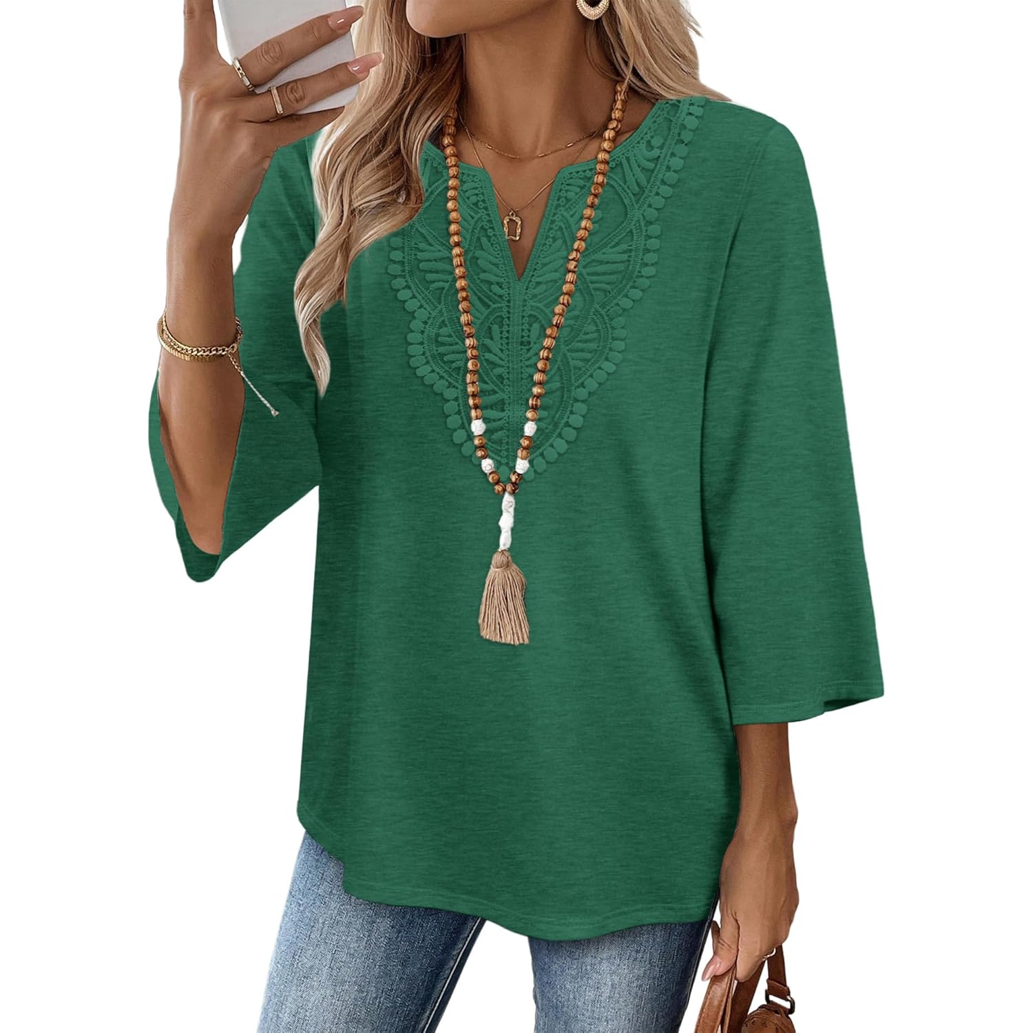 Women's Boho Lace V-Neck Tunic Top Light/Dark Green