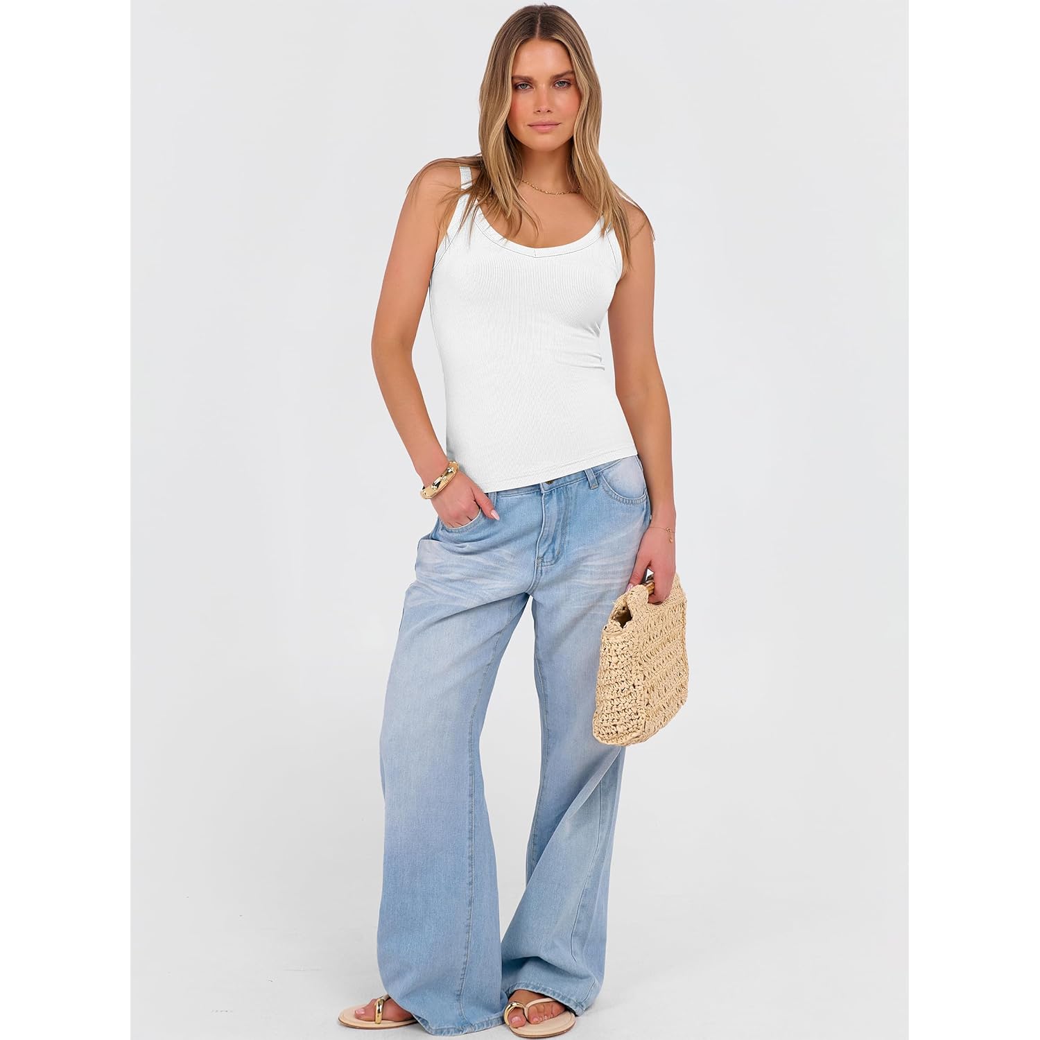 Women's Ribbed V-Neck Tank Top White