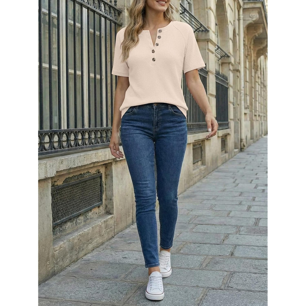 AUTOMET Women's Waffle Knit Henley Tops Short Sleeve Blouses Business Casual T-Shirts for Spring Summer Vacation 2026