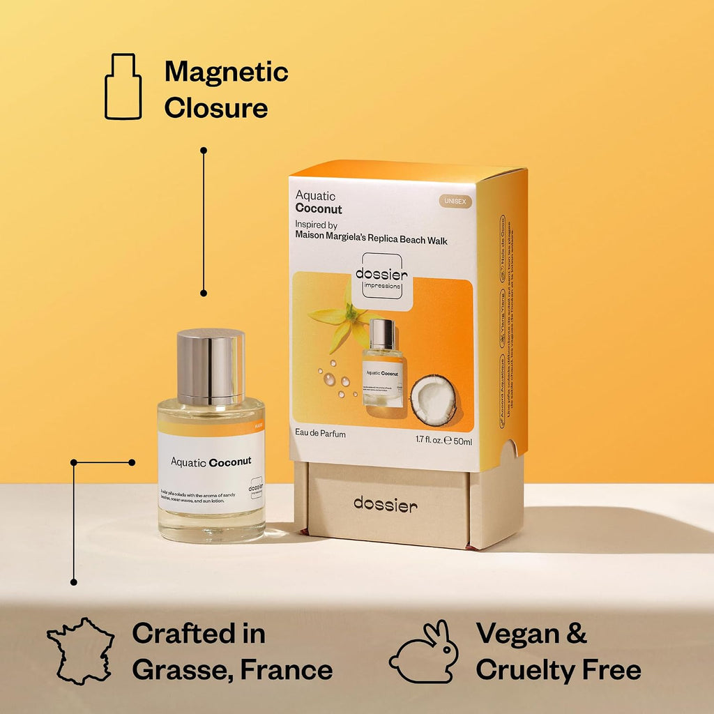 Dossier - Aquatic Coconut - Inspired by Beach Walk - Eau de Parfum - Long-Lasting Fragrance - Unisex - 1.7 fl oz (50ml)