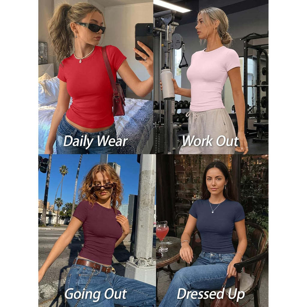 Trendy Queen Womens Basic T Shirts - Stretchy Soft Slim Fit Short Sleeve Y2k Cute Summer Crop Workout Tops