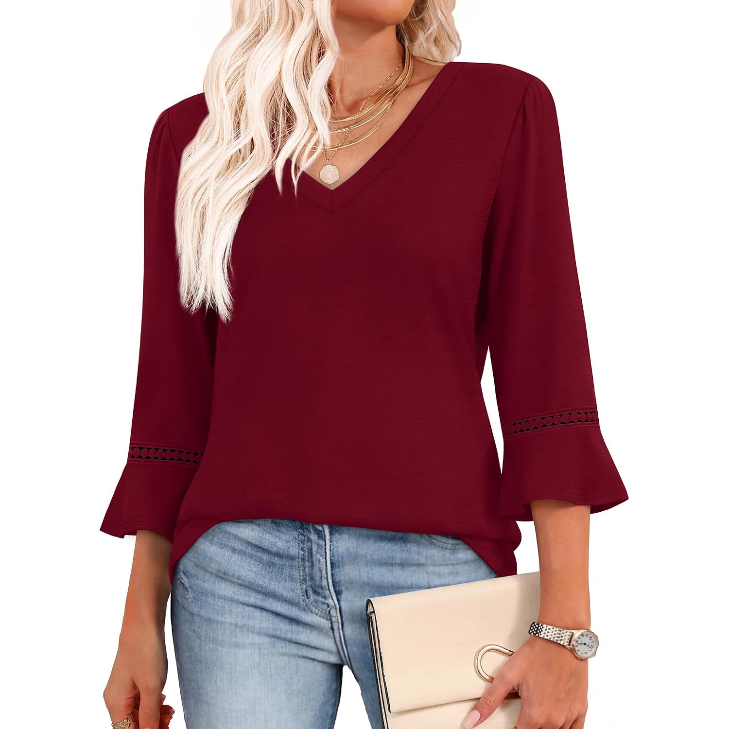 WIHOLL Womens Blouses Dressy Casual 3/4 Length Sleeve Tops Lace Trendy 2026 Spring Summer V Neck Shirts Vacation Outfits