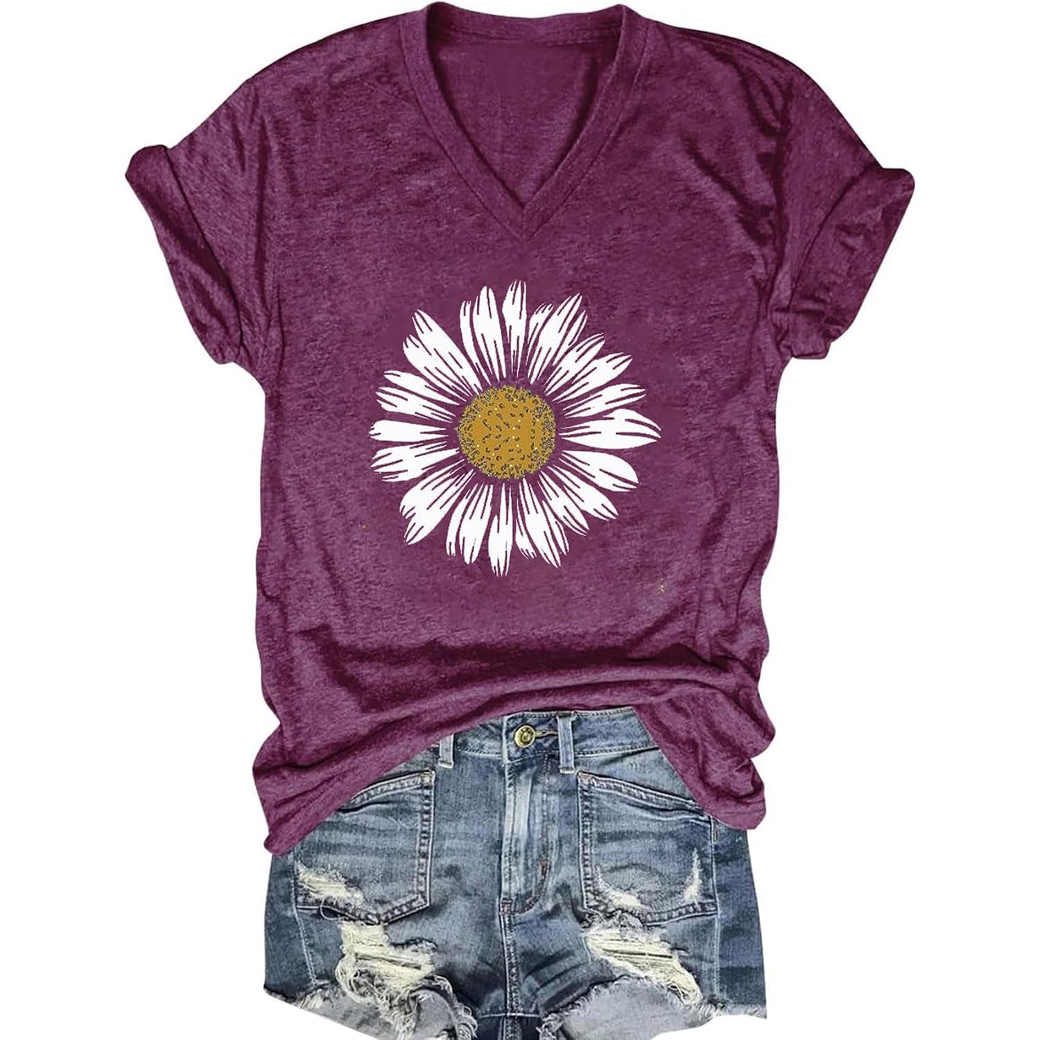 Women's T-Shirts V-Neck Boho Flowers Wildflowers Tee Cute Summer Graphic Shirts Short Sleeve T Shirt