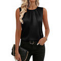 Women's Pleated Satin Crew Neck Tank Top Black