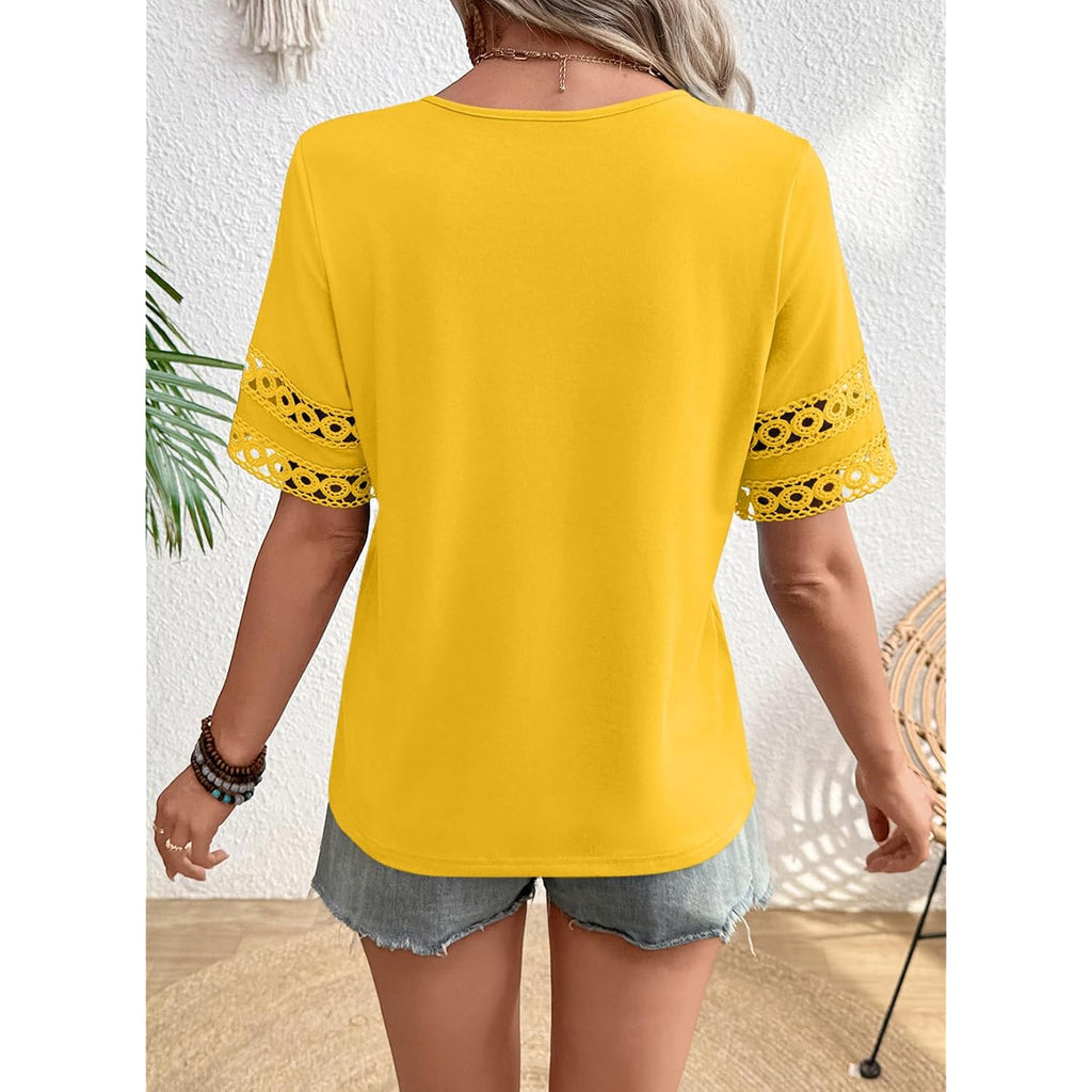 SHEWIN Womens Tops Crewneck Hollow Out Short Sleeve Shirts Lace Spring Blouses Tee Summer Tops for Women 2026