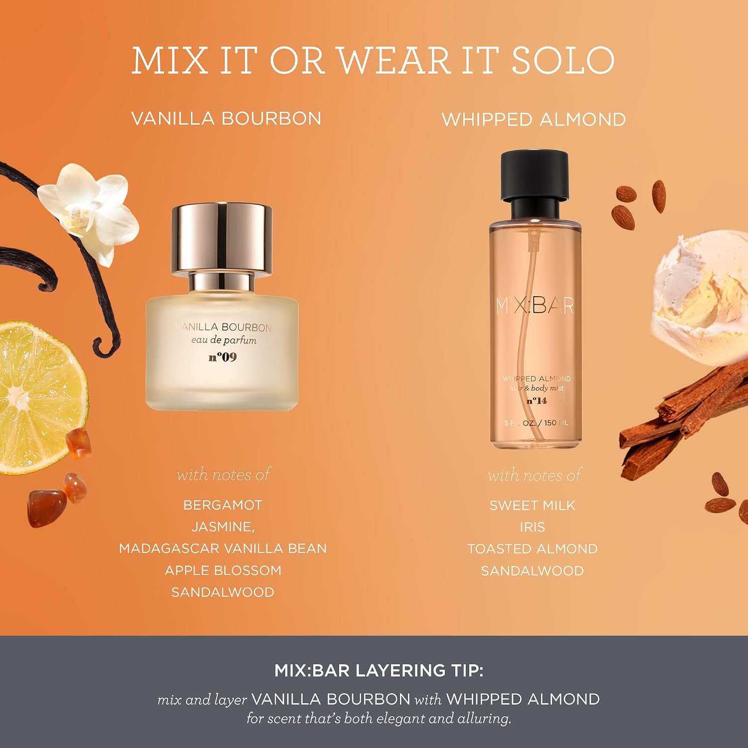 MIX:BAR Vanilla Bourbon Perfume for Women - Woody, Vanilla Bean, Amber Scent - Eau de Parfum Spray - Hair Mist Perfume - Long‑Lasting Fragrance,1.7oz