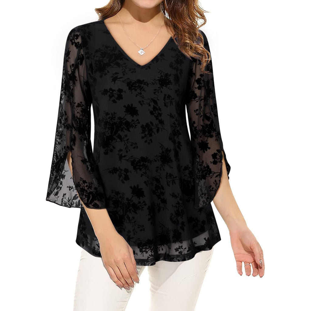 Women's Double Layer Mesh Tunic Top Black Floral